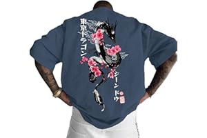 Japanese Tshirt Men,Dragon Floral,Short Sleeve Oversized Crewneck Cotton Graphic Tees Summer Tops | for Travel
