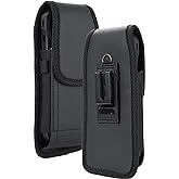 Nakedcellphone Vegan Leather Vertical Pouch Case for Phone - Black | Magnetic Closure, Strong Metal Clip, Secure Belt Slot Harness, Holster Holder, Fits Sonim XP10, Kyocera DuraForce Ultra 5G UW