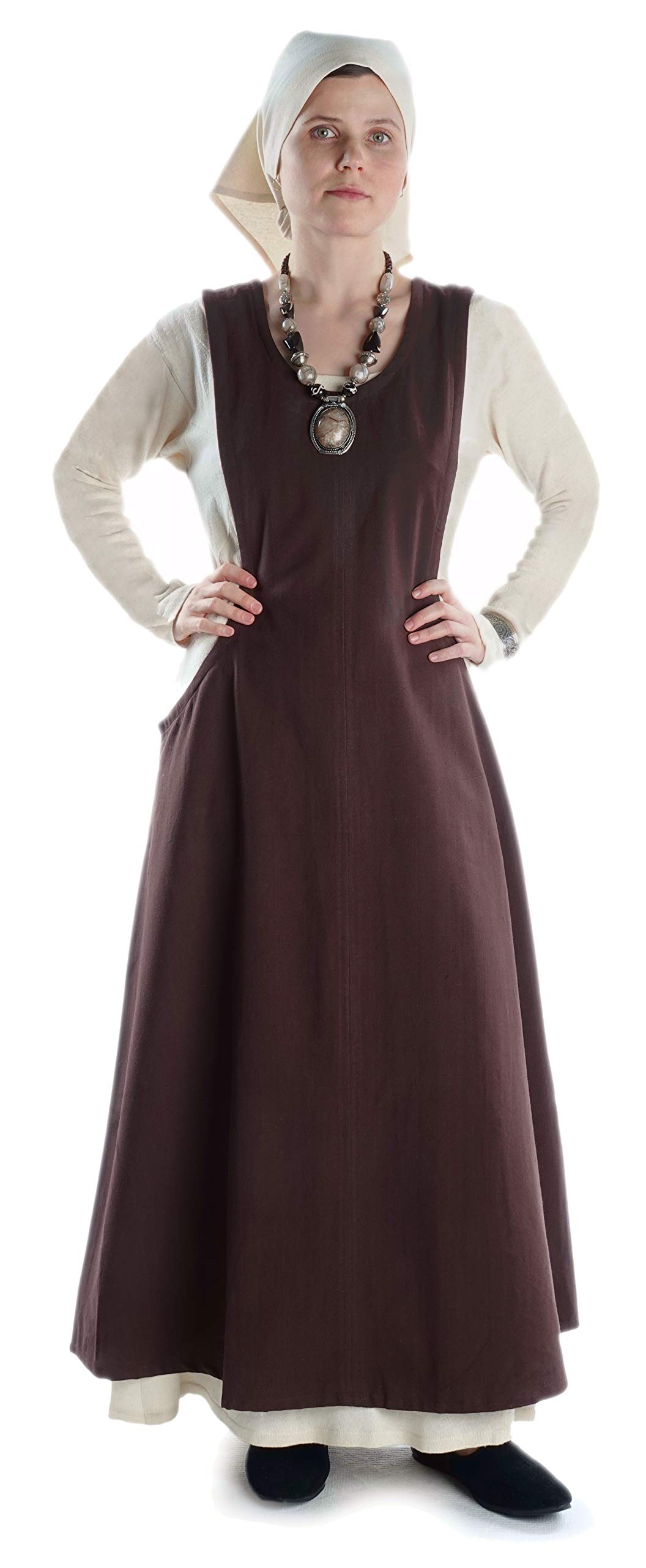 HEMAD Women's Long Simple Medieval Overdres - 100% Cotton - Brown
