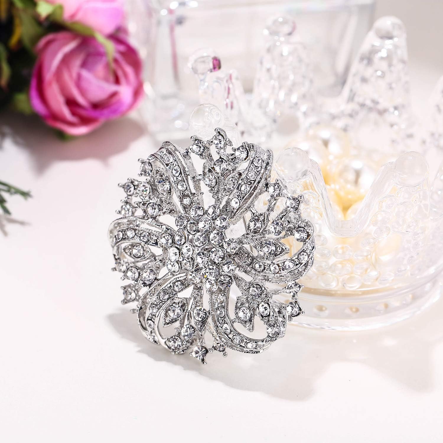 EVER FAITH Wedding Bridal Brooch for Women Girls Austrian Rhinestone Crystal Flower Corsage Broach Pin Clear Silver-Tone - Image 3
