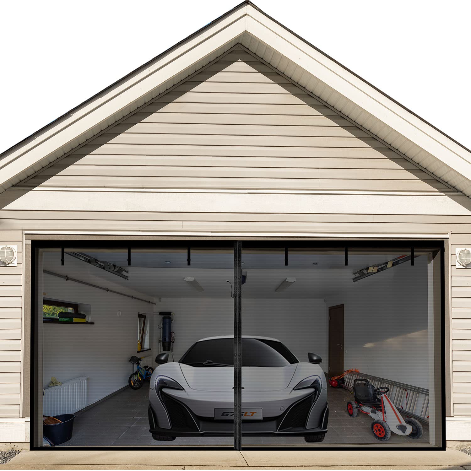 Photo 1 of Garage Door Screen for 2 Car Garage 16x8FT- Garage Screen Door, Heavy Duty Fiberglass Mesh,High Energy Magnets,Hands Free Garage Net Screen,Patio Porch Privacy Curtain(6 Straps Include) Black