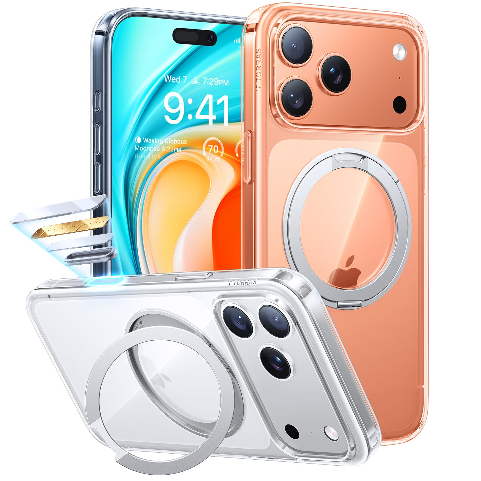 Photo 1 of TORRAS Upgraded 360 Rotatable Magnetic Stand for iPhone 17 Pro Max Case, Fit for MagSafe with Ring, Mil-Grade Protection, Camera Control, Anti-Yellowing Slim Case for iPhone 17 ProMax Ostand, Clear
