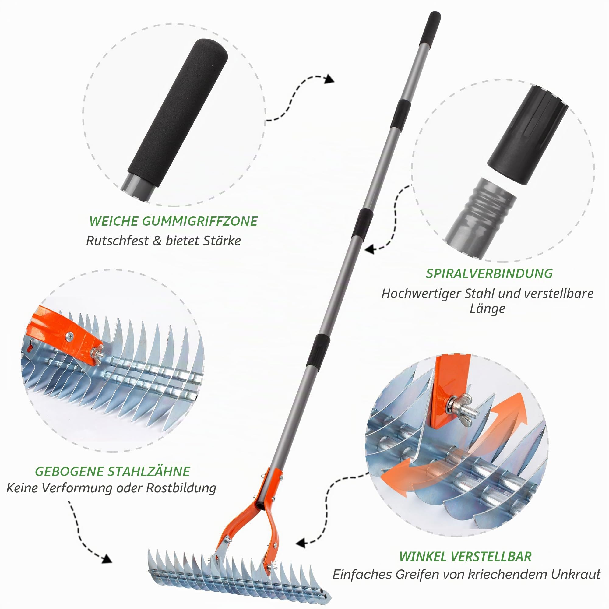 Walensee Vertikutierrechen mit Verstellbarem Stiel, Robuster Rasenrechen aus Stahl zum Entfernen von Moos, Filz, Unkraut & Trockengras, Gartenrechen für Rasenpflege & Lawn Care 3
