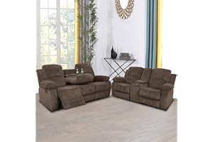 Dekmxas Manual Recliner Sofa Set Living Room Furniture Set Fabric Reclining Couches Brown Modern Sofa and Loveseat Set with Dual Cup Holders & Flip Down Table for Home/Office (Chocolate,Sofa+Loveseat)