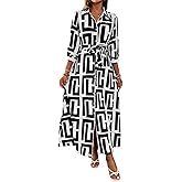 HipGlamp Women's Geometric Print Shirt Maxi Dress with 3/4 Sleeves and Belt for Casual Office Wear