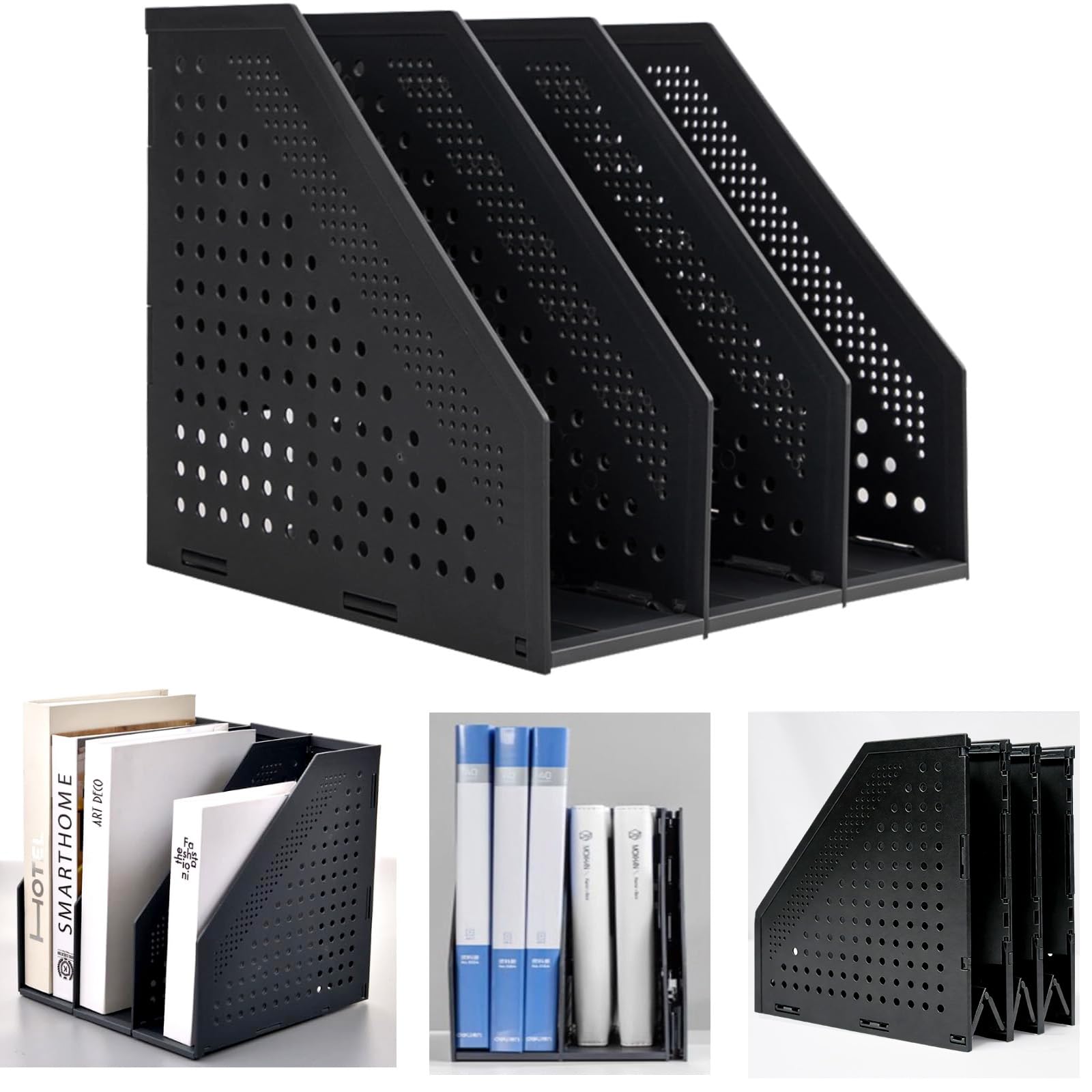 Marte Vanci Collapsible Magazine File Holder Desktop Book Organiser Lever Arch File Storage Folder Document Rack Divider Adjustable for Office School Desk Shelves 3 Compartment (Black)
