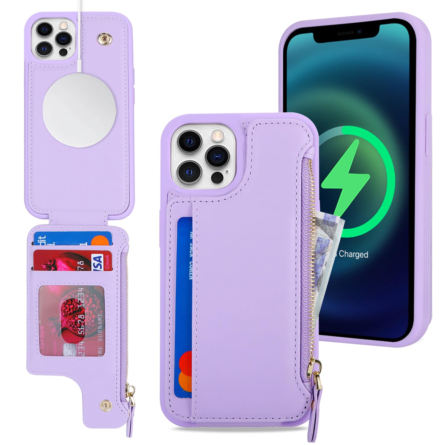SailorTech iPhone 12/12 Pro Case with Credit Card Holder magsafe, iPhone 12/12 Pro Phone Leather Case Wallet for Women Compatible mag safe Zipper Shockproof Case for Men - Purple — image 1
