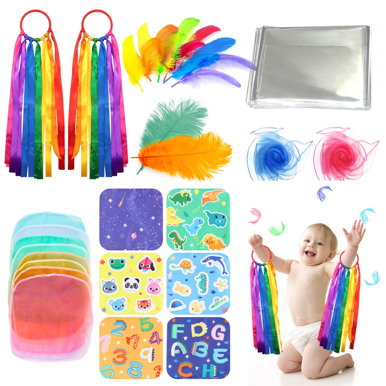 28pcs Baby Sensory Set with Ribbon Toy, Sensory Scarf, Foil Blanket Sensory, Multi-Coloured Feathers and Crinkle Toys for Baby Gift Set, Party Babies Newborn Toddler Presents