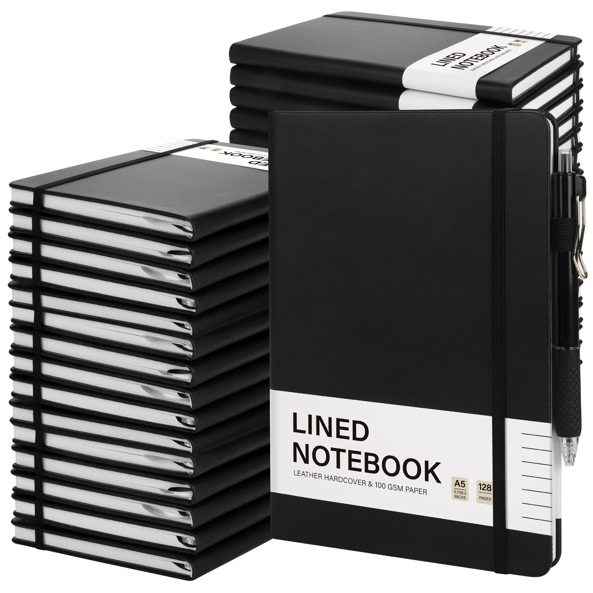 Photo 1 of Aodaer 30 Set Lined Notebook Journals with Pens A5 Notebooks 100 GSM College Ruled Hardcover Notebook PU Leather Notepad with Pen Holder for Office School, 5.7 x 8.3 Inches, Black