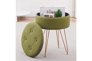 Cpintltr Faux Leather Storage Ottoman Round Footrest Stool Multifunctional Upholstered Ottoman with Metal Legs Modern Vanity Stools Tray Top Coffee Table Suitable for Livingroom Bedroom Macha Green