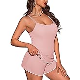 Ekouaer Womens Cami Pajama Sets 2 Piece Ribbed Knit PJs Soft Lingerie Sleeveless Tank Top and Shorts Camisole Lounge Set