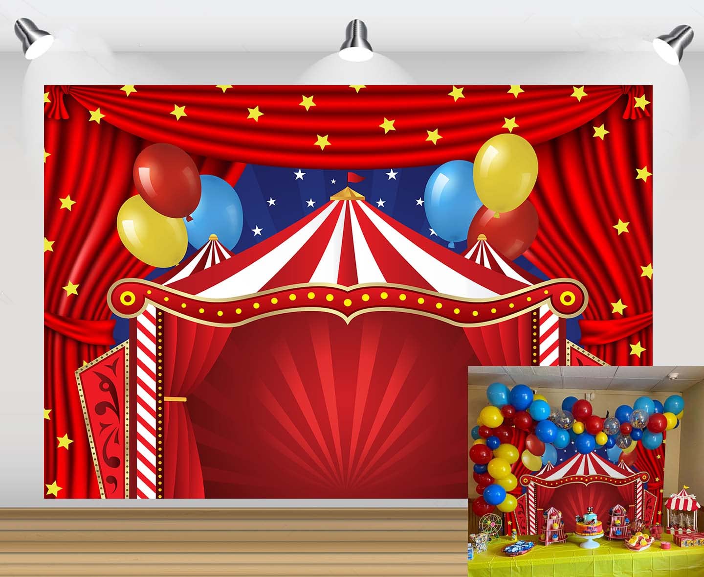 Circus Carnival Backdrop Red Curtain Tent Curtain Stars Birthday Photography Background Newborn Baby Shower Cake Table Decorations Photo Background 7X5FT