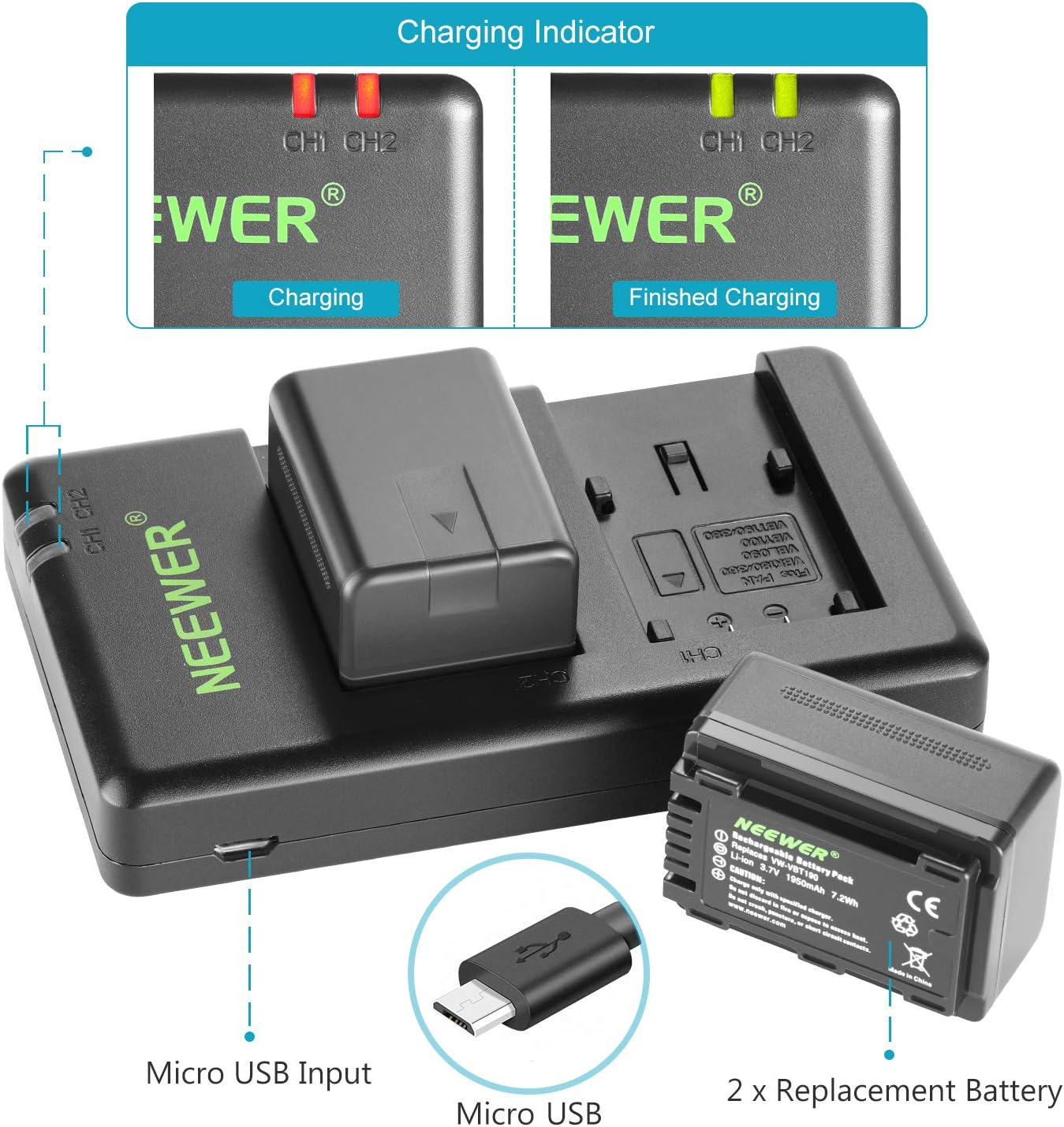 NEEWER Replacement Battery and Charger Set for VW-VBT190, 2 Pack 1950 mAh Batteries and Dual USB Charger - Image 4