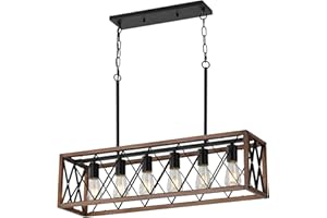 KEESFU 6-Light Dining Room Light Chandelie, Farmhouse Pendant Light,Adjustable Height Kitchen Light, Rustic Linear Chandelier for Kitchen, Dining Room Table, Pool Table. (Wood Grain Color)