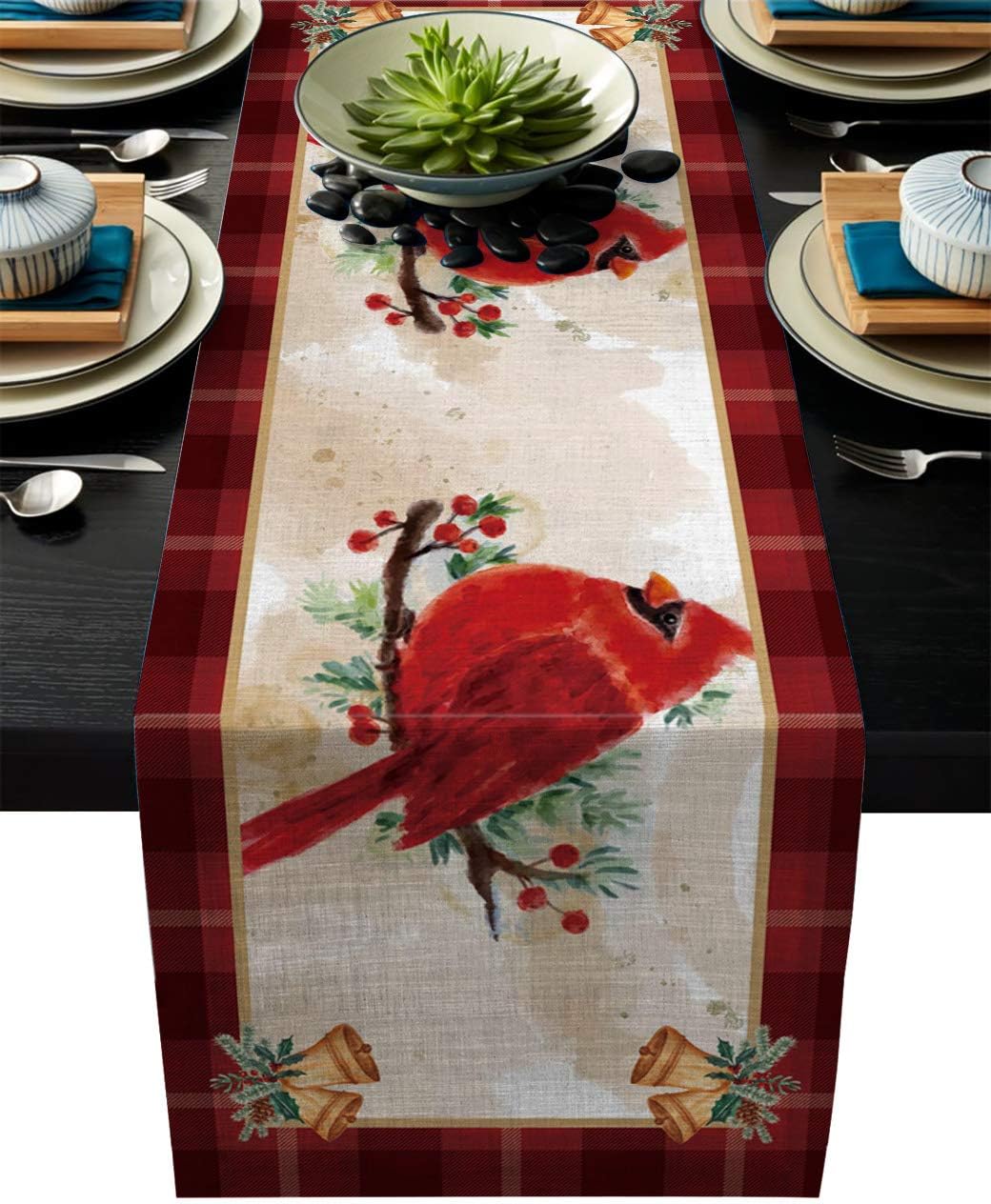 Watercolor Red Cardinal Bird Branch Cotton and Linen Table