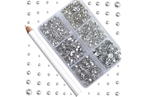CMBYN 5000 Pieces 6 Mixed Sizes Glue Fix on Glass Rhinestones Round Crystal Gems Flatback for DIY Jewelry Making with one Picking Pen (6-Sizes 5000PCS, Crystal)