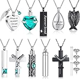 Jexine 10 Pcs Urn Necklace For Ashes Cremation Jewelry Wings Tear Drop Cross Crystal Ashes Necklace Stainless Steel Zircon Memorial Locket Vertical Bar Heart Waterproof Keepsake For Men