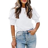SimpleFun Women's Puff Sleeve Tops Summer Crewneck Loose Casual Blouse Shirts