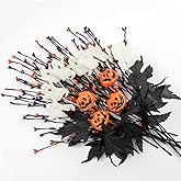 12 PCs Spooky Halloween Flowers Artificial 17 Inches Orange Black Floral Stems Gothic Halloween Pumpkin Stems with Ghost Floral Picks for Vase Floral Arrangements Table Centerpieces Decorations