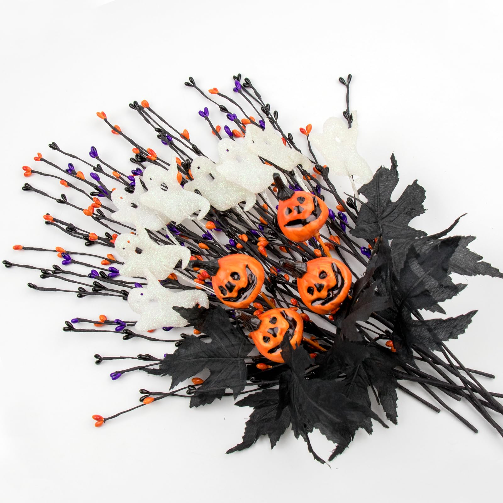 Photo 1 of 12 PCs Spooky Halloween Flowers Artificial 17 Inches Orange Black Floral Stems Gothic Halloween Pumpkin Stems with Ghost Floral Picks for Vase Floral Arrangements Table Centerpieces Decorations