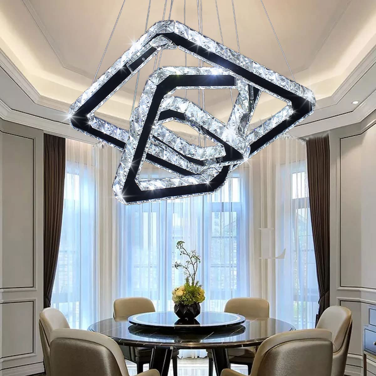 diisunbihuo Modern Crystal Chandeliers LED Square Rings Pendant Lights Adjustable Height Ceiling Lamp for Dinning Room Bedroom Kitchen (Cool White,Silver)