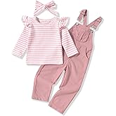 HINTINA 2PCS Baby Girls Clothes Toddler Jumpsuit Rompers Adjustable Ripped Jeans Overalls Set with Long Sleeve Stripe T-Shirt