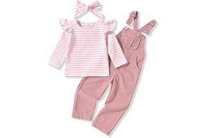 HINTINA 2PCS Baby Girls Clothes Toddler Jumpsuit Rompers Adjustable Ripped Jeans Overalls Set with Long Sleeve Stripe T-Shirt