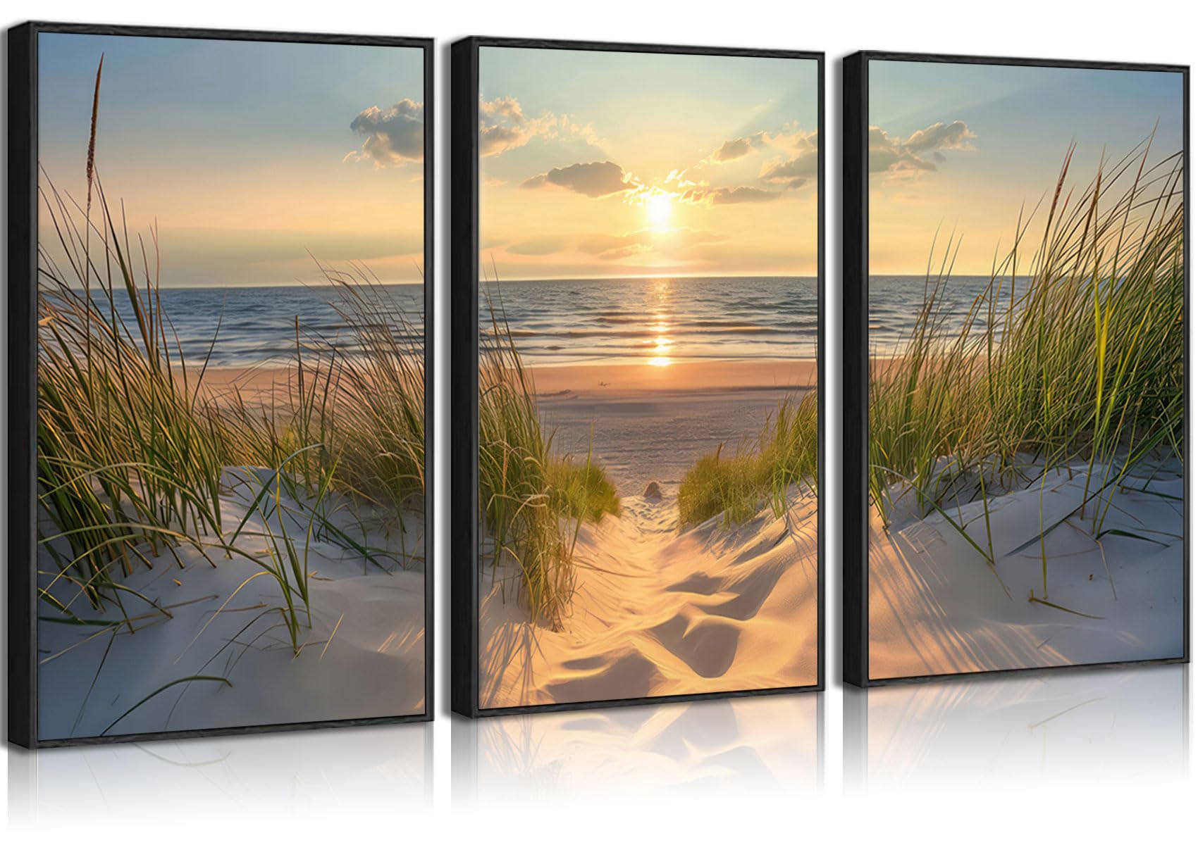 Photo 1 of 3Pcs Blue Beach Scenery Wall Art Coastal Ocean Landscape Canvas Poster Print Sunshine Beachy Grass Sunset Picture Modern Seaside Artwork Painting Wall Decor for Living Room Bedroom Unframed