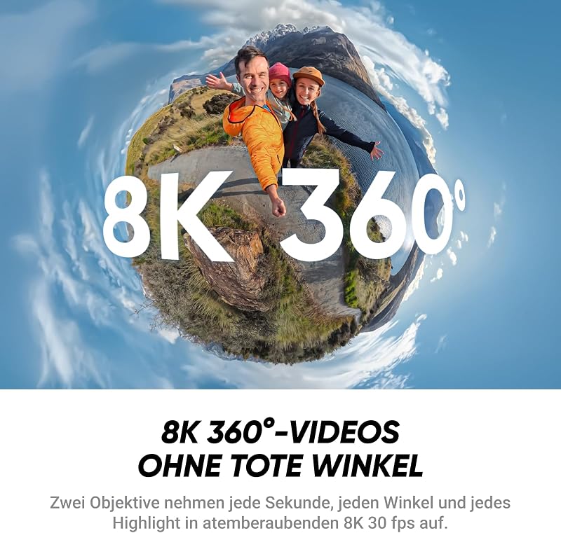 X4 Air, 8K 360°-Kamera 165 g leichte, Unsichtbarer Selfie-Stick, Wechsel-Linsen, Aufnehmen & dann ausrichten, KI-gestützte App, FlowState-Stabilisierung, integr. Windschutz, Starter-Bundle