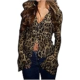 RoseSeek Women's Leopard Sheer Tops Bell Sleeve Tie Front V Neck T Shirt Vintage Party Y2K Clothes Going Out Top