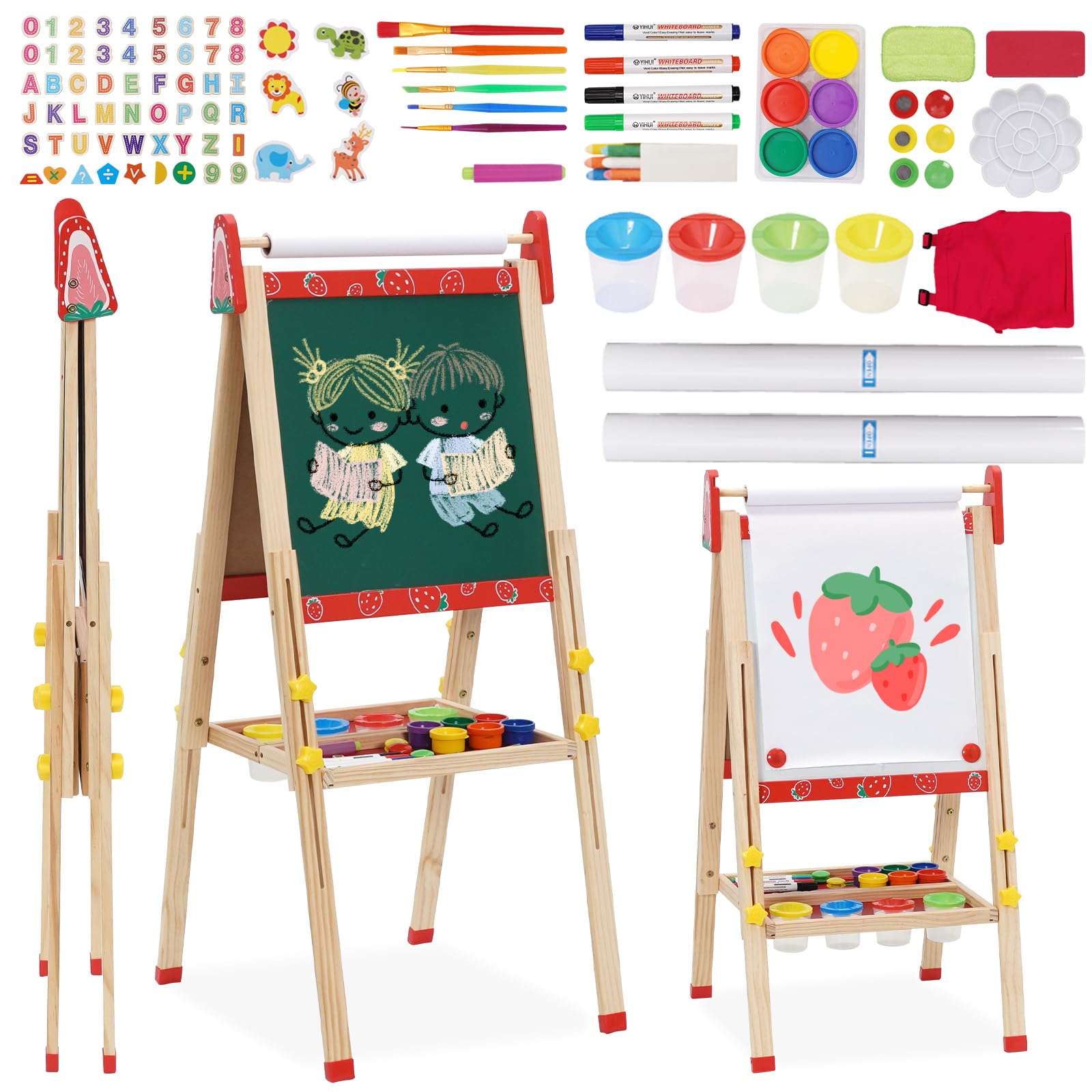 Kids Wooden Easel Double Sided Art Easel Whiteboard Chalkboard Height Adjustable 95-125cm(37-48.5in) Standing Foldable Drawing Board with 100+ Pcs Accessories Letters Numbers for 3 4 5 6 7 8+