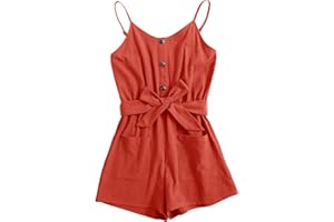 GAMISOTE Girls Romper Strappy Sleeveless Button Tie Front Jumpsuit With Pockets
