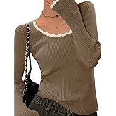 EMMIOL Womens Knit Cute Sweaters Ribbed Fitted Tops Scoop Neck Long Sleeve Shirts Going Out Y2K Outfits