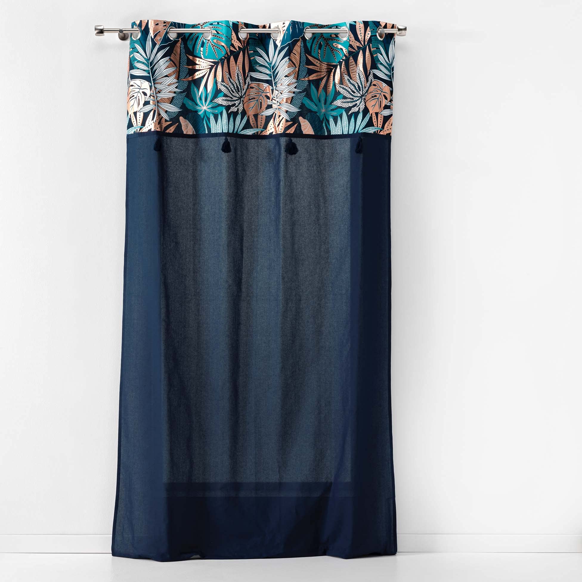 Douceur d'Intérieur Indoor Cotton, Curtain with Eyelets 140 x 240 cm Plain Cotton + Metallic Printed Top + Blue Alianor Tassel, 100% Cotton