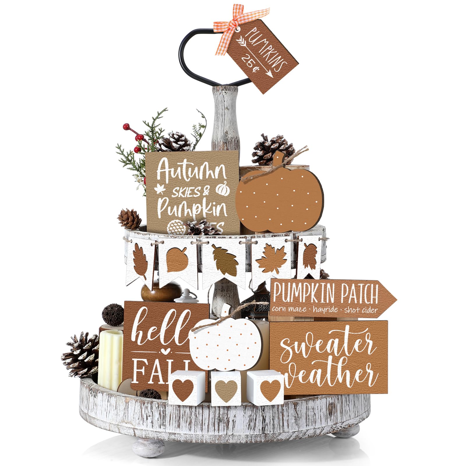 Photo 1 of Sumind 15 Pcs Fall Tiered Tray Decor Set Fall Decorations for Home Autumn Wood Signs Thanksgiving Orange Brown Table Signs Farmhouse Wooden Maple Pumpkin Gnomes Tabletop for Festival(Leaf)