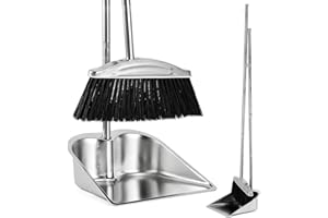VOOWO Broom with Dustpan Combo Set, 46" Stainless Steel Broom and Dustpan Set for Home, Heavy Duty Dust Pan with Long Handle, Broom for Sweeping Indoor and Outdoor, Kitchen Broom and Dust Pan (Black)