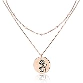 Birth Month Flower Pendant Necklace 18K Gold Plated Dainty Simple Month Birth Floral Disc Pendant Engrave Coin Necklace Minimalist Delicate Mom Daughter Gift for Her