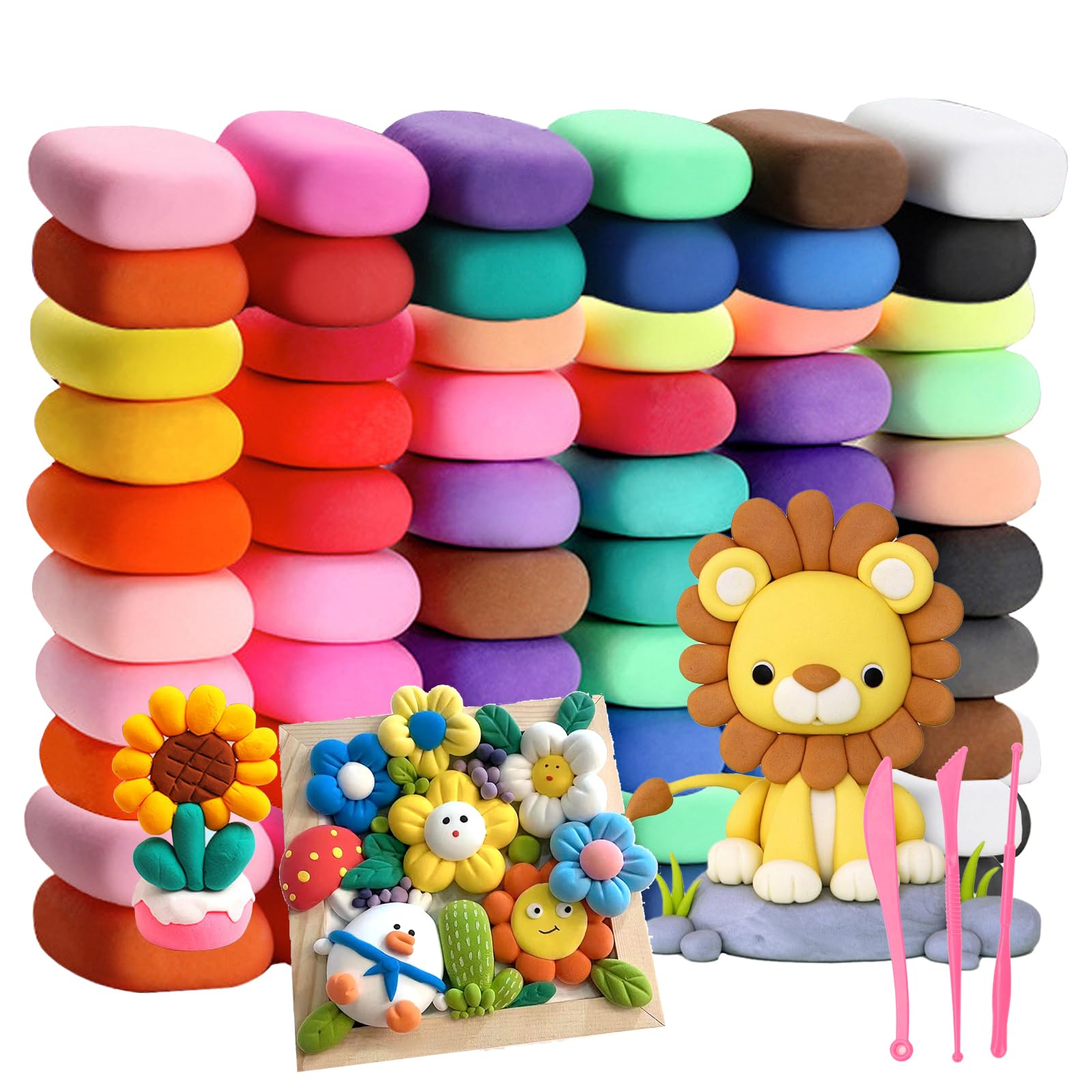 AROMUJOY Ultralight Multicolor Polymer Clay, 60 Colours Magic Air Drying Modelling Clay for Children, Self-Hardening with 3 Tools, Gift for Boys and Girls Age 3-12