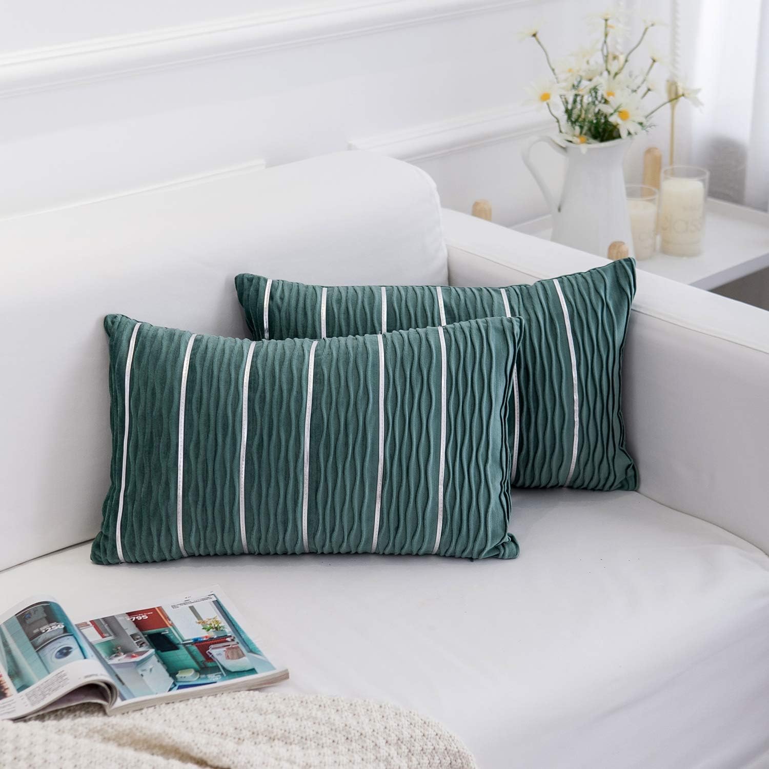 Yeadous Decorative Jacquard Wave Green with Silver Accents Throw Pillow Covers, 2 Pack Velvet Pillow Cover Sham Cushion Cover, Sofa Couch Throw Pillow Cover, Waist Pillowcase-Green 12" x 20"