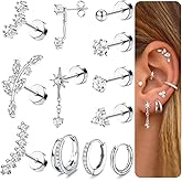 MILACOLATO 16G Cartilage Earrings for Women Silver Flat Back Earrings Hypoallergenic Surgical Stainless Steel Earrings for Women Trendy Small Stud Hoop Earrings Set Tragus Helix Daith Conch Piercing Jewelry Single PC