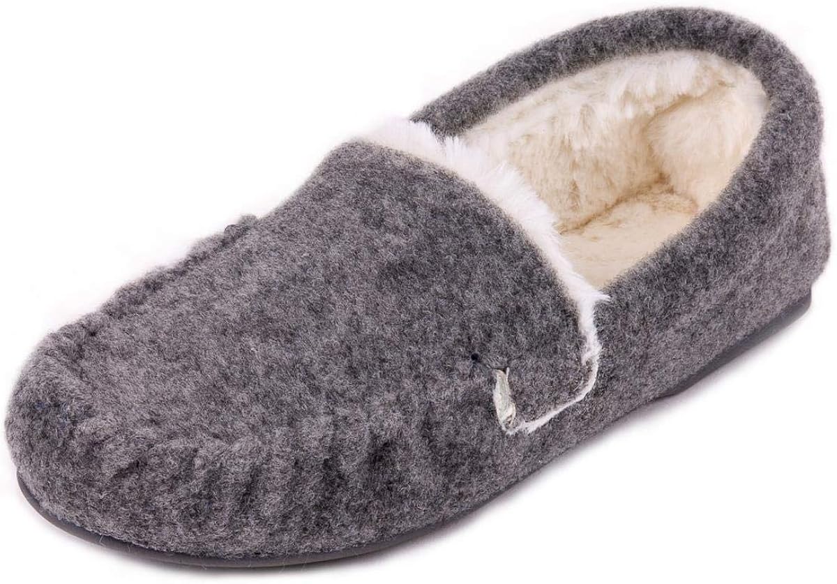 Isotoner Ladies Fur Lined Felt Moccasin Slipper Grey Amazon.co.uk