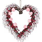 U'Artlines 15 Inch Valentine’s Day Wreath, Pink Heart Shaped Door Wreath with Cute Berries for Valentine’s Day Gift Wedding Anniversary Festival Front Door Wall Decor
