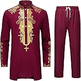 YND Men’s 2 Piece Dashiki Set African Shirt and Pants, Outfit with Gold Print
