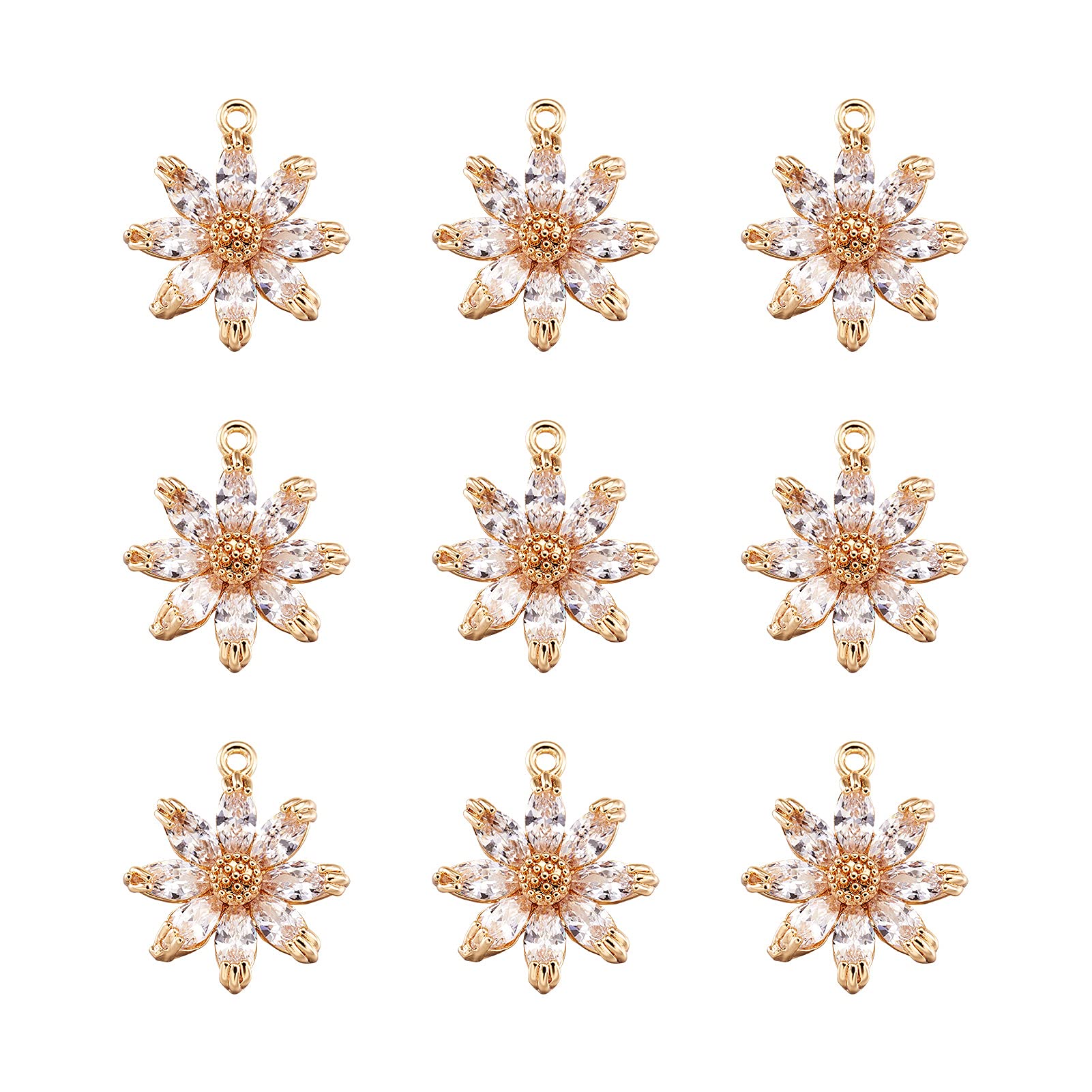 PandaHall 20pcs Crystal Cubic Zirconia Flower Charms Pendant 15x14x4mm Real 18K Gold Plated Rhinestone Diamante Pendants for Jewelry Making
