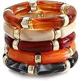 iF YOU 6pcs Chunky Acrylic Bangle Bracelets for Women, Resin Bamboo Brown Stretchy Bracelet Stack, Fashion Jewelry for Women