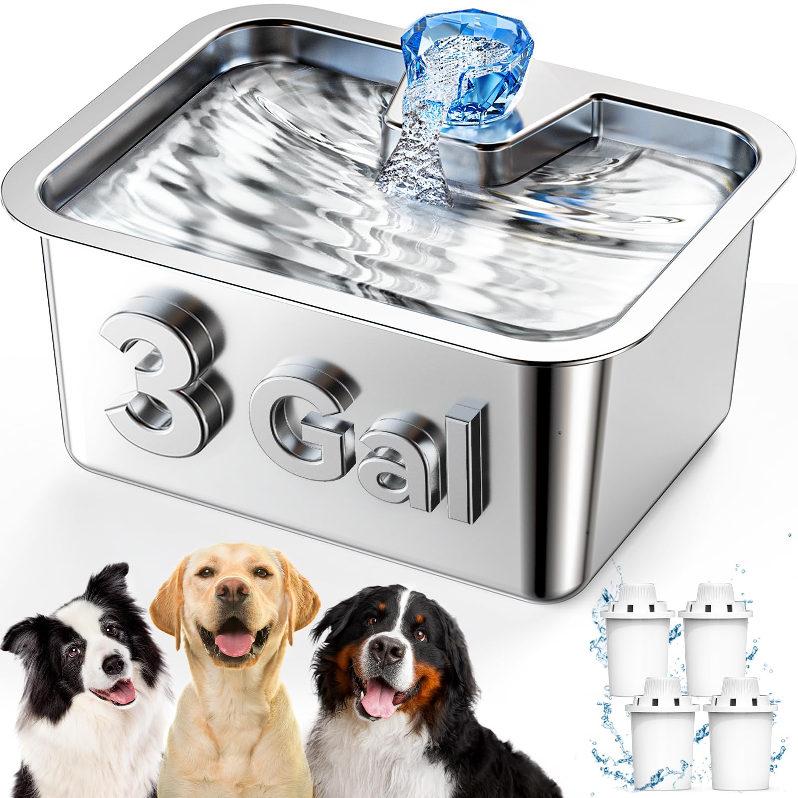 Photo 1 of Large Dog Water Fountain Dispenser - 3 Gallon Stainless Steel Pet Water Fountain with 4 Filters for Large Dogs, Automatic Big Dog Water Bowl Dispenser Drinking for Multi-pet, Easy to Clean, Quiet Pump