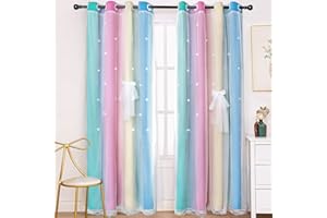 UNISTAR 2 Panels Blackout Stars Curtains for Girls Bedroom Kids Aesthetic Living Room Decor Colorful Double Layer Star Cut Out Stripe Blue Rainbow Window Wall Home Decoration Curtain,W52 x L63 Inches