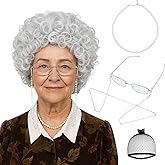 Probeauty Old Lady Costume Wig for Women, 5pcs Set Silver Grey Grandma Granny Cosplay Wig for 100 Days of School and Halloween Costumes
