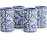 MEXTEQUIL - Talavera Shot Glasses Set of 4 Authentic Mexican Tequila Shot Glasses - Hand-painted - 2 Oz (White Brushstroke Blue Background)