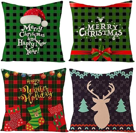 Amazon Co Jp Effe クッションカバー クリスマス 抱き枕カバー 45 45 Cm 綿麻 装飾 サンタクロース 鹿 クリスマスツリー インテリア パーティー お部屋 雑貨 車用小物 リース トナカイ 雪 結晶 クリスマスパターン オーナメント 飾り 4枚入り セット ホーム キッチン